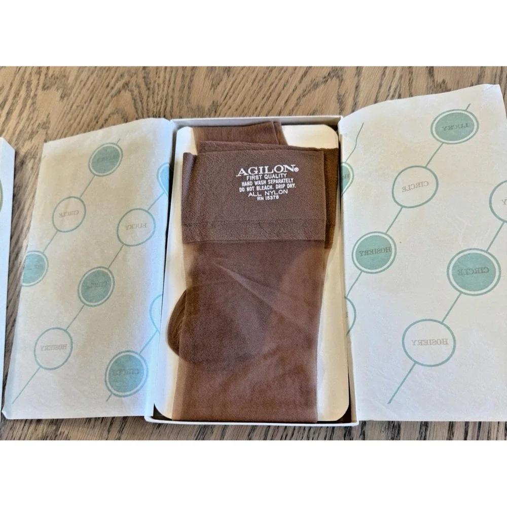 Vintage Lucky Circle Nylon Stockings 2 Pair NOS Nude Sheer Thigh High Hosiery